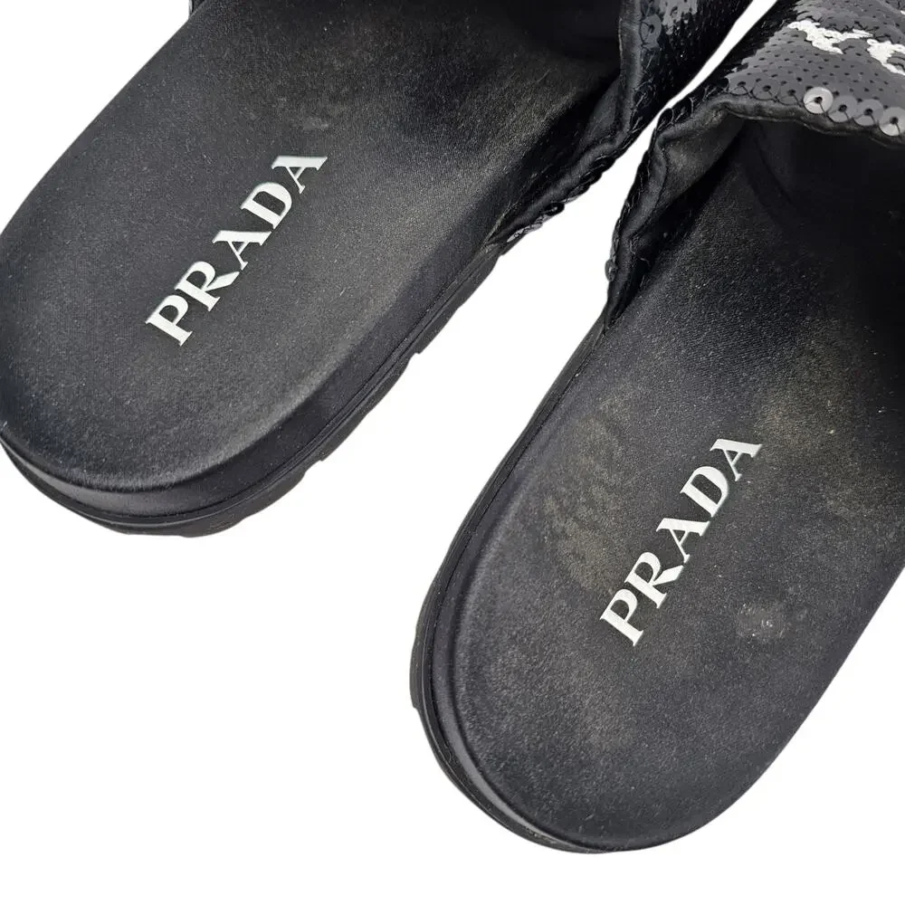 Prada Logo Flat Slide Pool Sandal Black White Sequin Slip On Size 38 US 8